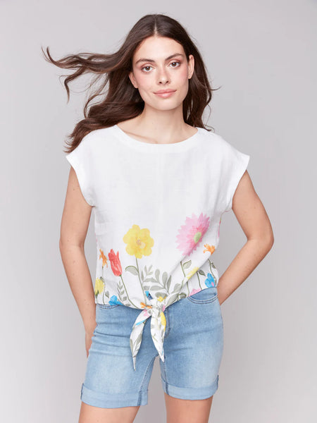 Border Print Cap Sleeve Tie Top