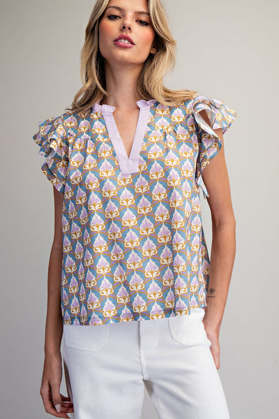 Lilac & Blue Ruffled Top