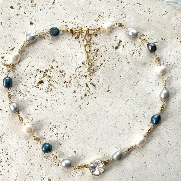 Denim Pearl Crystal Necklace