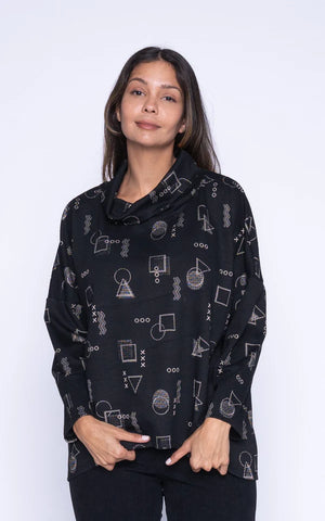 Black Geometric Cowl Neck Top