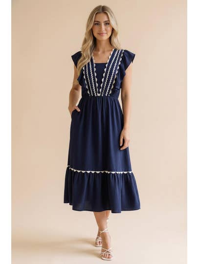 Ruffle Sleeve Navy Midi Dress