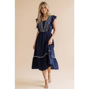 Ruffle Sleeve Navy Midi Dress
