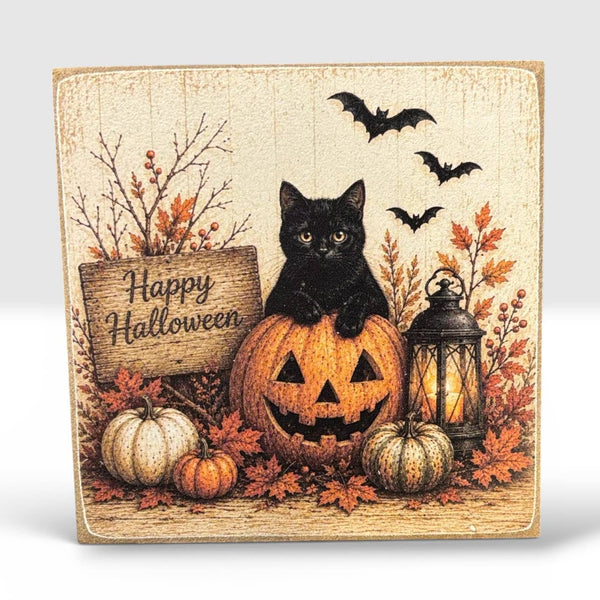 Black Cat and Pumpkin Sign
