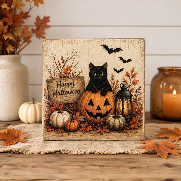 Black Cat and Pumpkin Sign
