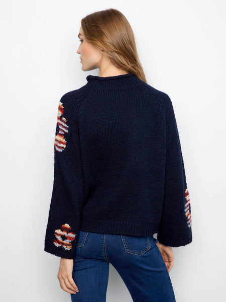 High Neck Navy Flower Sweater