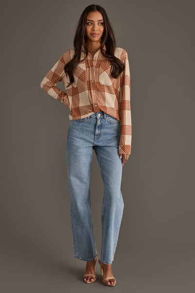 Cream & Rust Plaid Top
