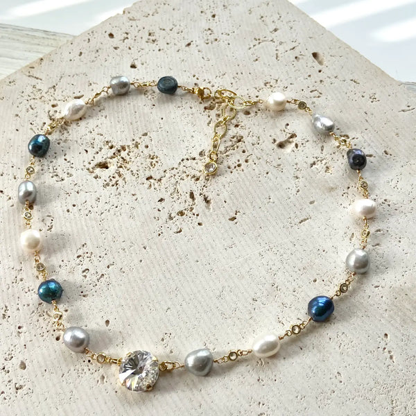 Denim Pearl Crystal Necklace