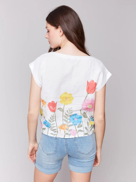 Border Print Cap Sleeve Tie Top