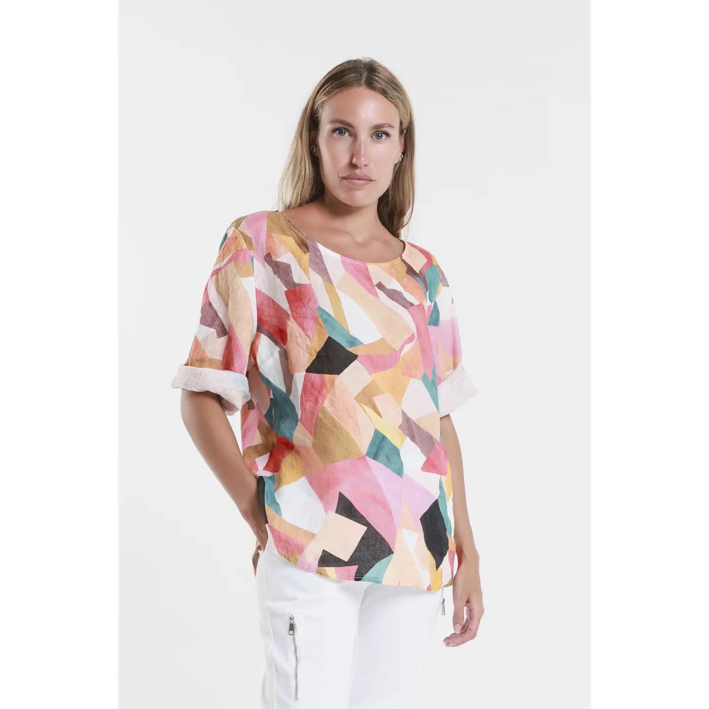 Geometric Peach Linen Top