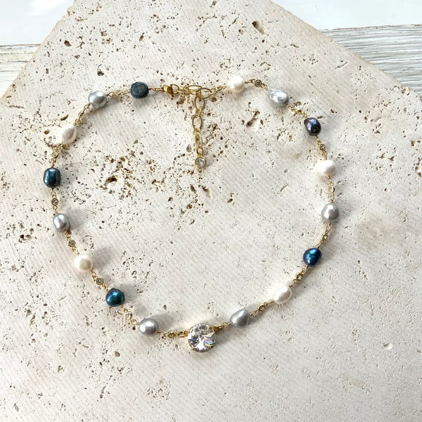 Denim Pearl Crystal Necklace