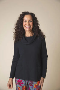 Black Ripple Cowl Neck Top
