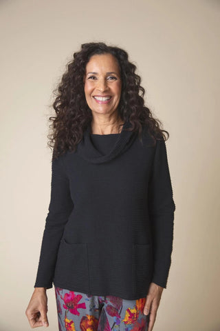 Black Ripple Cowl Neck Top