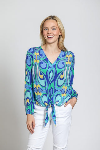 Blue/Green V-Neck Tie Top