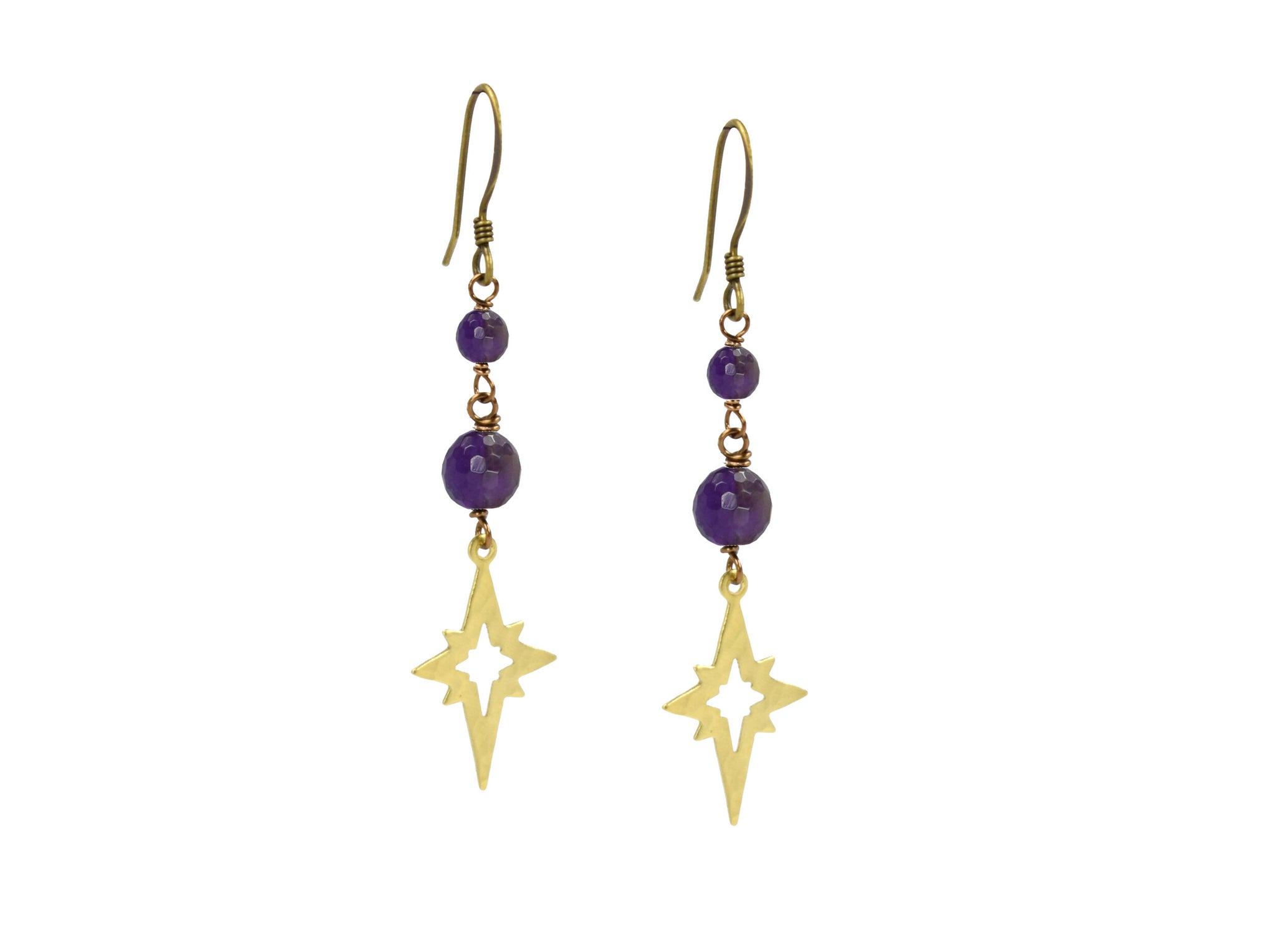Amethyst Hammered Star Earrings